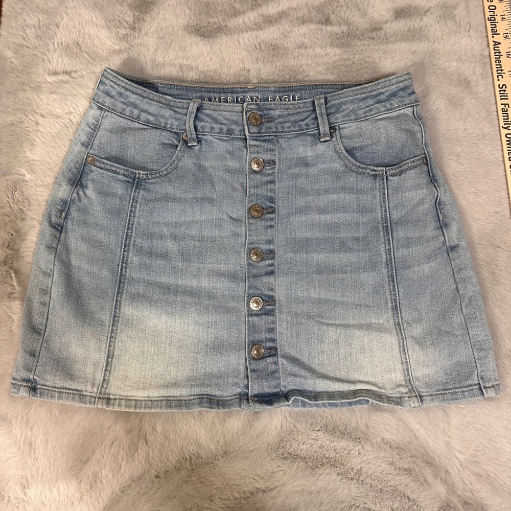American Eagle Denim Skirt A-Line Button Front Light Wash Stretch Size 10